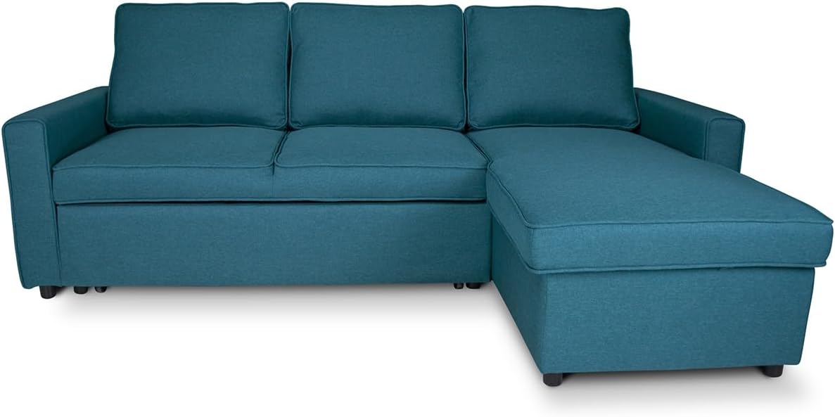 Divano letto SAMIRA, 198 × 132 cm, tessuto, Blu petrolio, trasformabile, con contenitore, per soggiorno