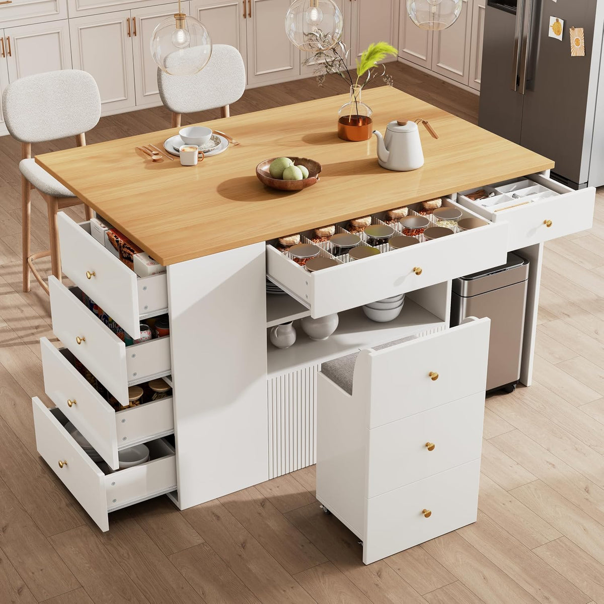 Isola da cucina Moimhear, 6 cassetti, MDF, metallo, Bianco, con contenitore, regolabile, per sala da pranzo e cucina