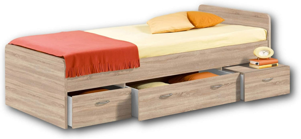Letto contenitore Stella Trading, 3 cassetti, singolo, 95 × 66 × 204 cm, misura 95 × 66, Rovere, con ruote, per camera da letto