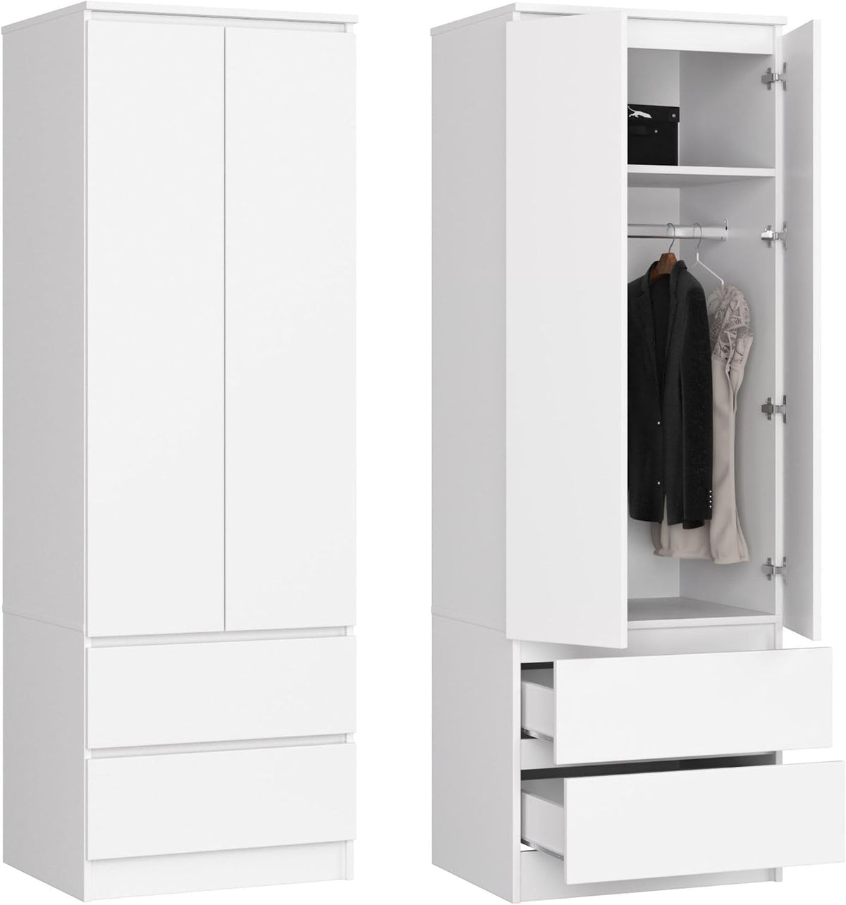Armadio Home Collective, 2 ante, 2 cassetti, Bianco, per camera da letto, bastone appendiabiti e 1 ripiano