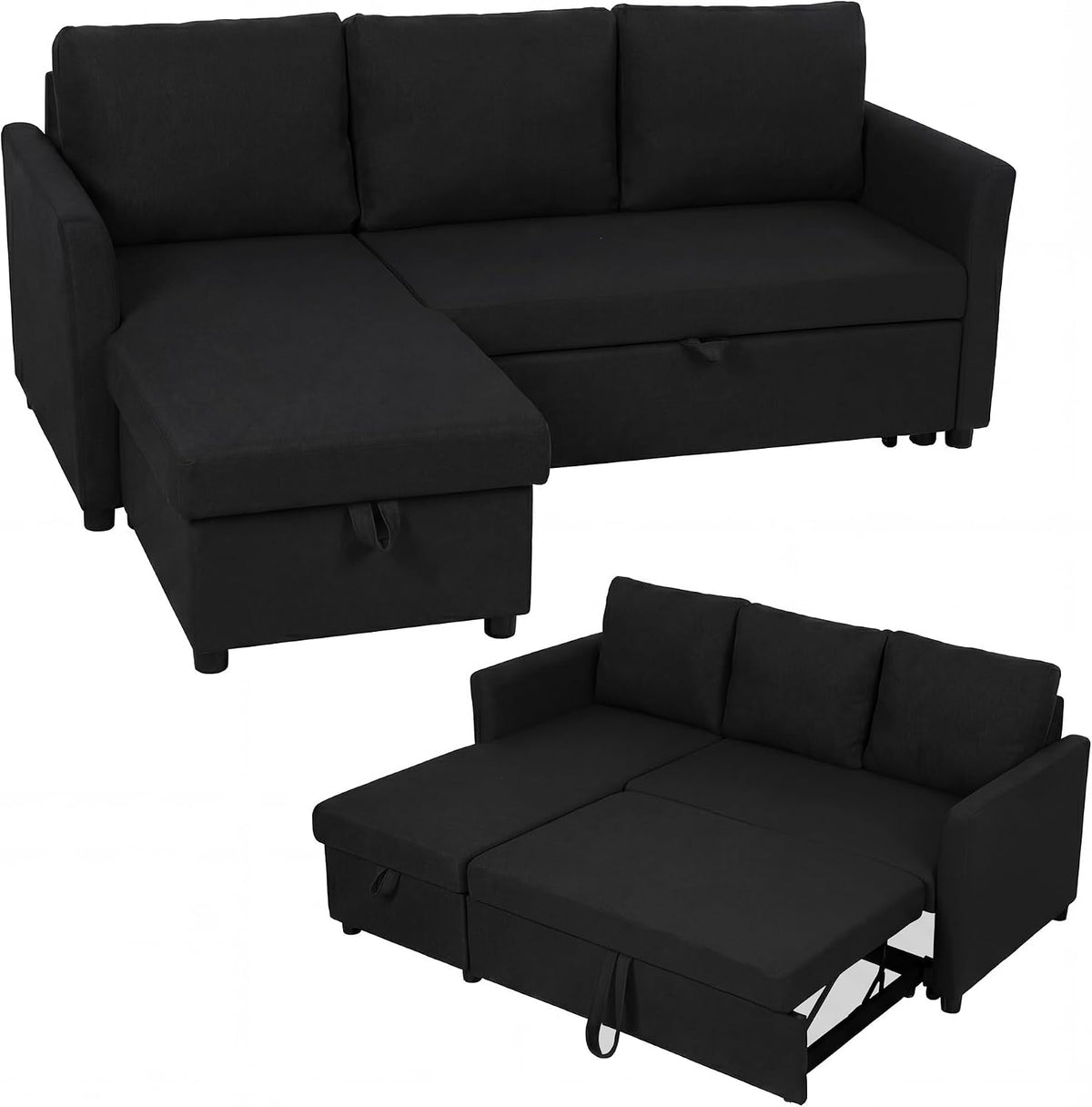 Divano letto HOMCOM, 3 posti, legno, metallo, Antracite, trasformabile, con ruote, per soggiorno