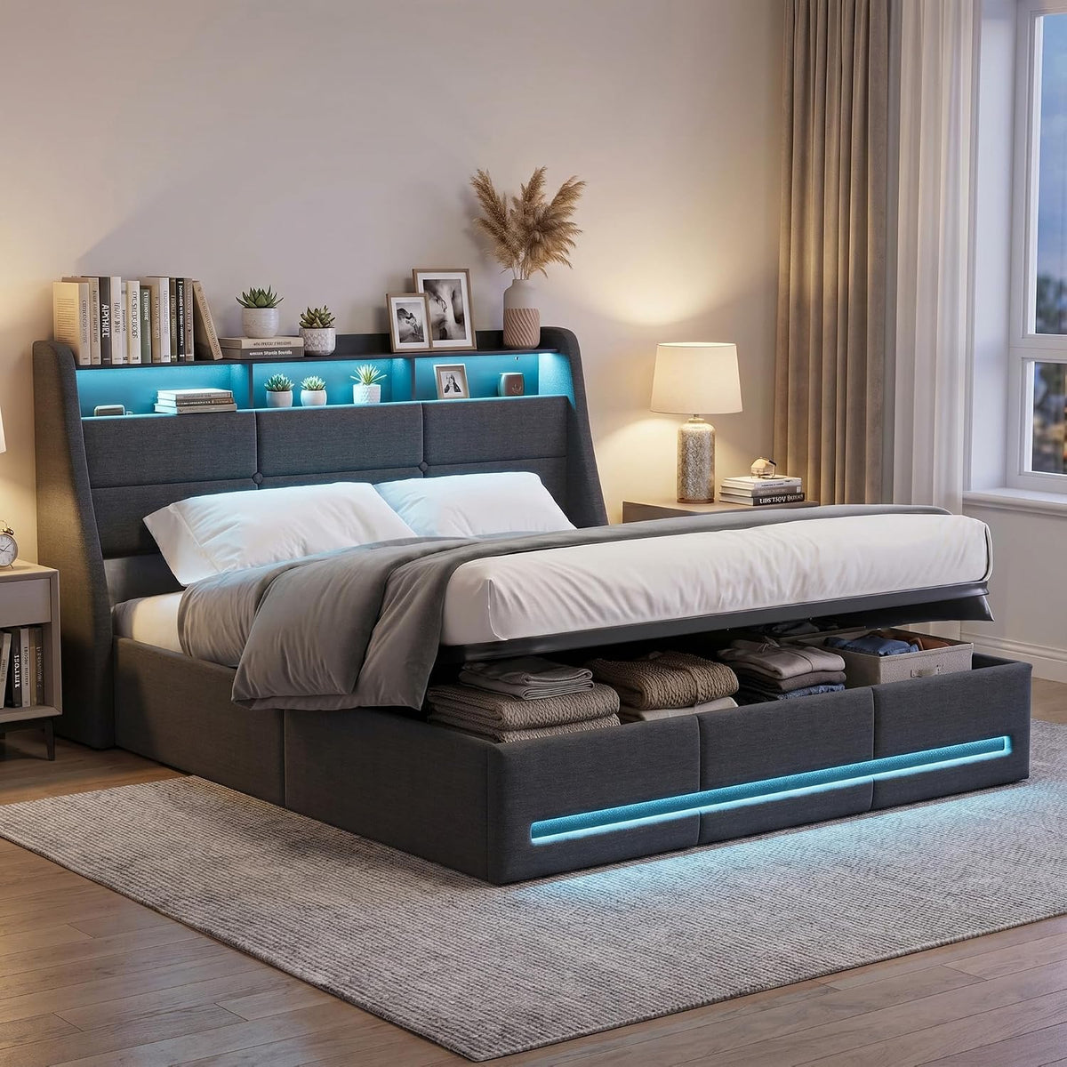 Letto BPKADHY, matrimoniale, 160 × 200 cm, con contenitore, con rete a doghe, con porta USB, imbottito, per camera da letto