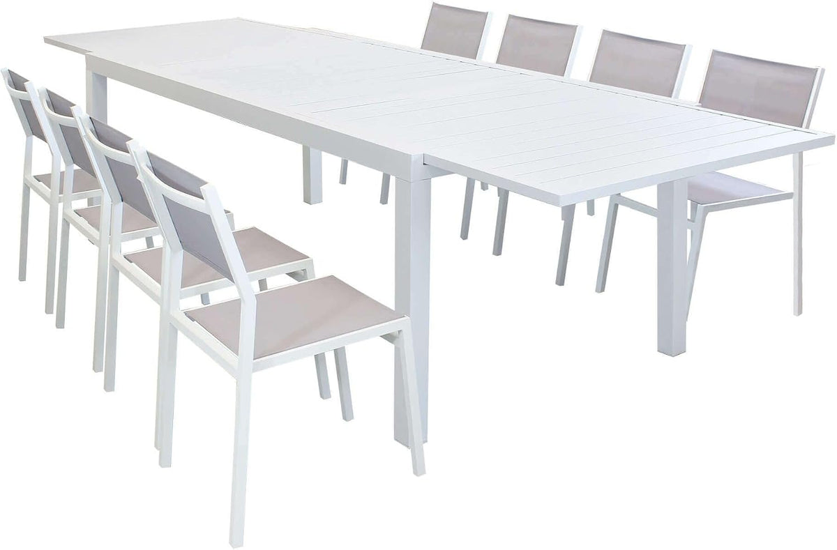 Set da pranzo da giardino milani home, 8 sedie, 55 × 57 × 85 cm, 46 × 57 × 85 cm, alluminio, textilene, Bianco, allungabile, per giardino e terrazzo