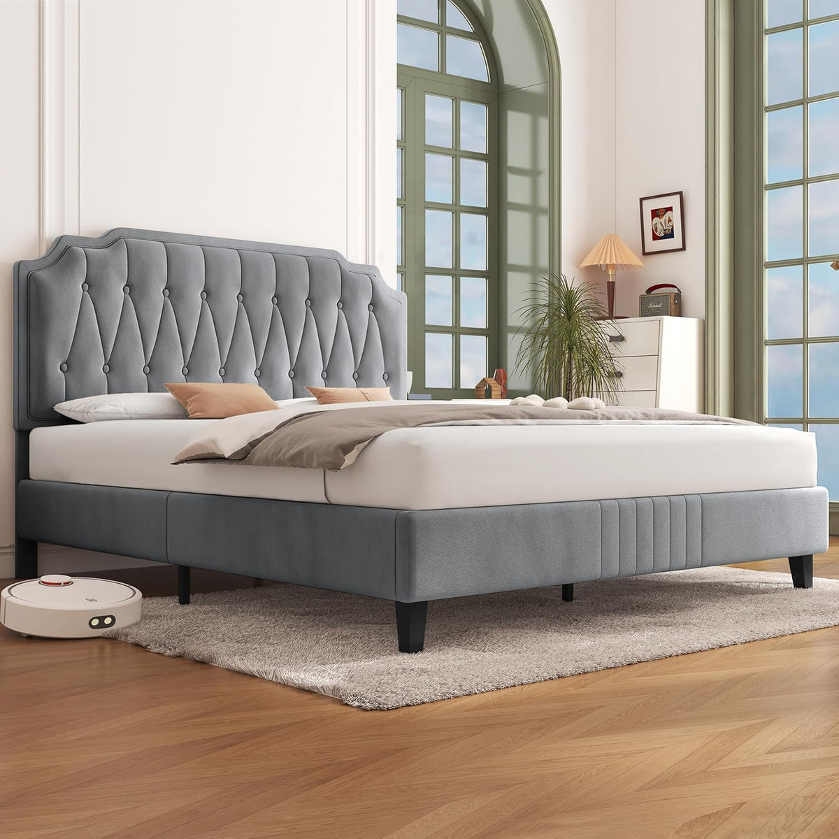 Letto Yaheetech, 140 × 200 cm, legno, metallo, Grigio chiaro, regolabile, con rete a doghe, imbottito, per camera da letto