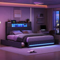 Letto contenitore Julyue, 4 cassetti, matrimoniale, 160 × 200CM, lino, tessuto, Grigio, con contenitore, con illuminazione LED, con porta USB