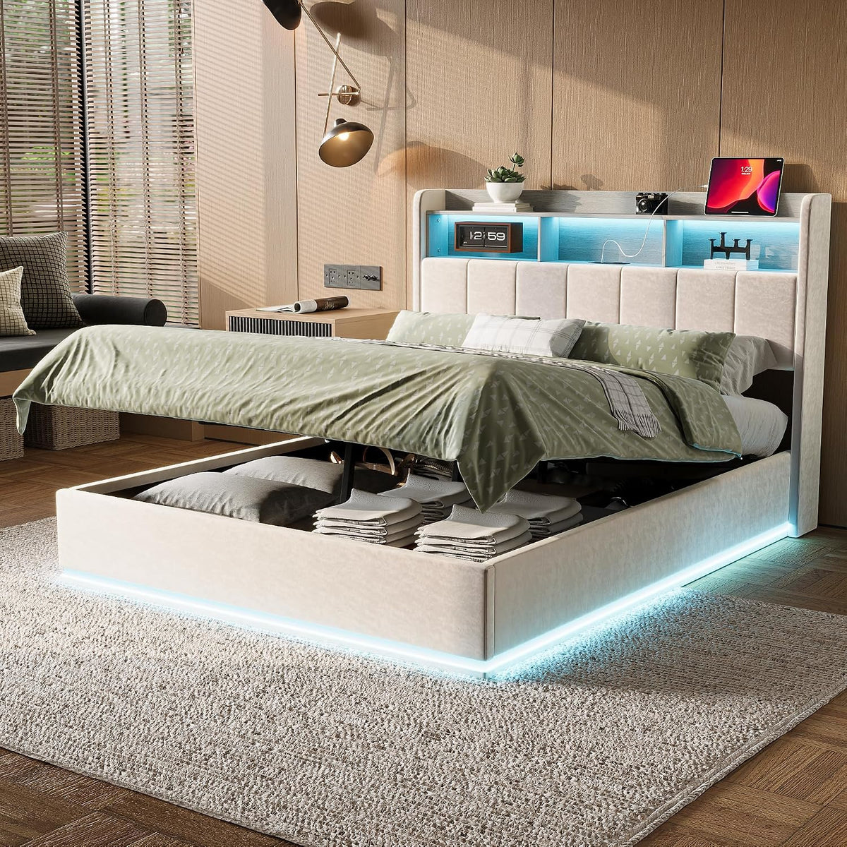 Letto BestAlice, 160 × 200 cm, velluto, Bianco, regolabile, con porta USB, imbottito, per camera da letto