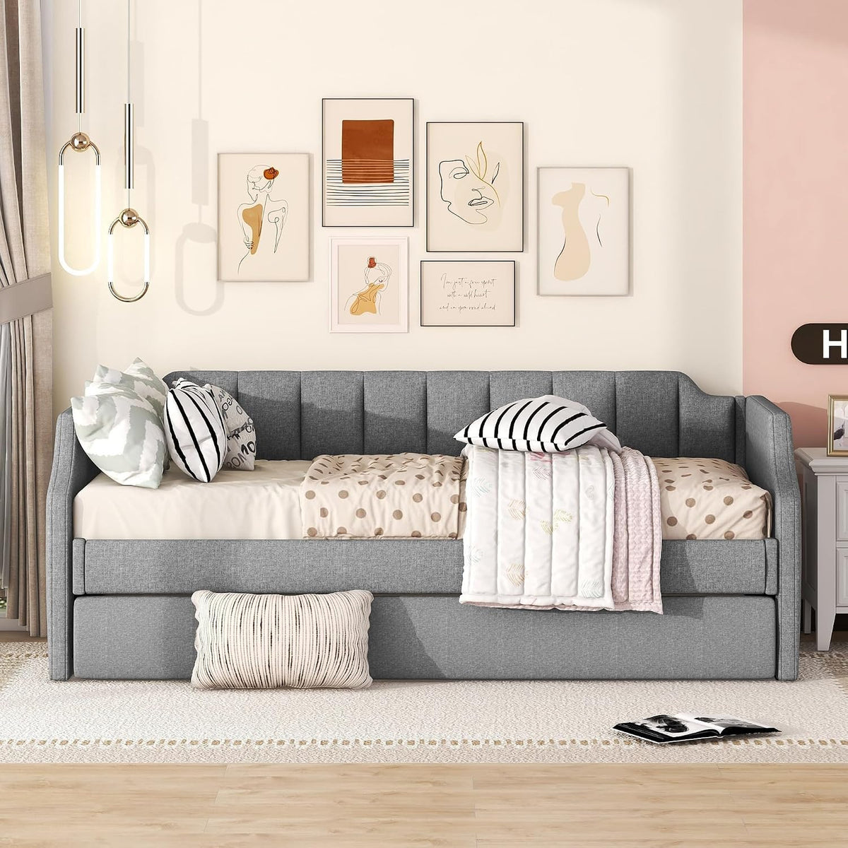 Divano letto Moimhear, singolo, 90 × 200 cm, legno, lino, Grigio, con ruote, con braccioli, imbottito, per soggiorno