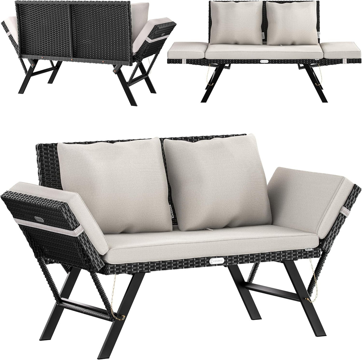 Panca CASARIA, 176 × 56 × 81 cm, 50 × 45 × 16 cm, rattan, pieghevole, con braccioli, idrorepellente, per giardino e terrazzo