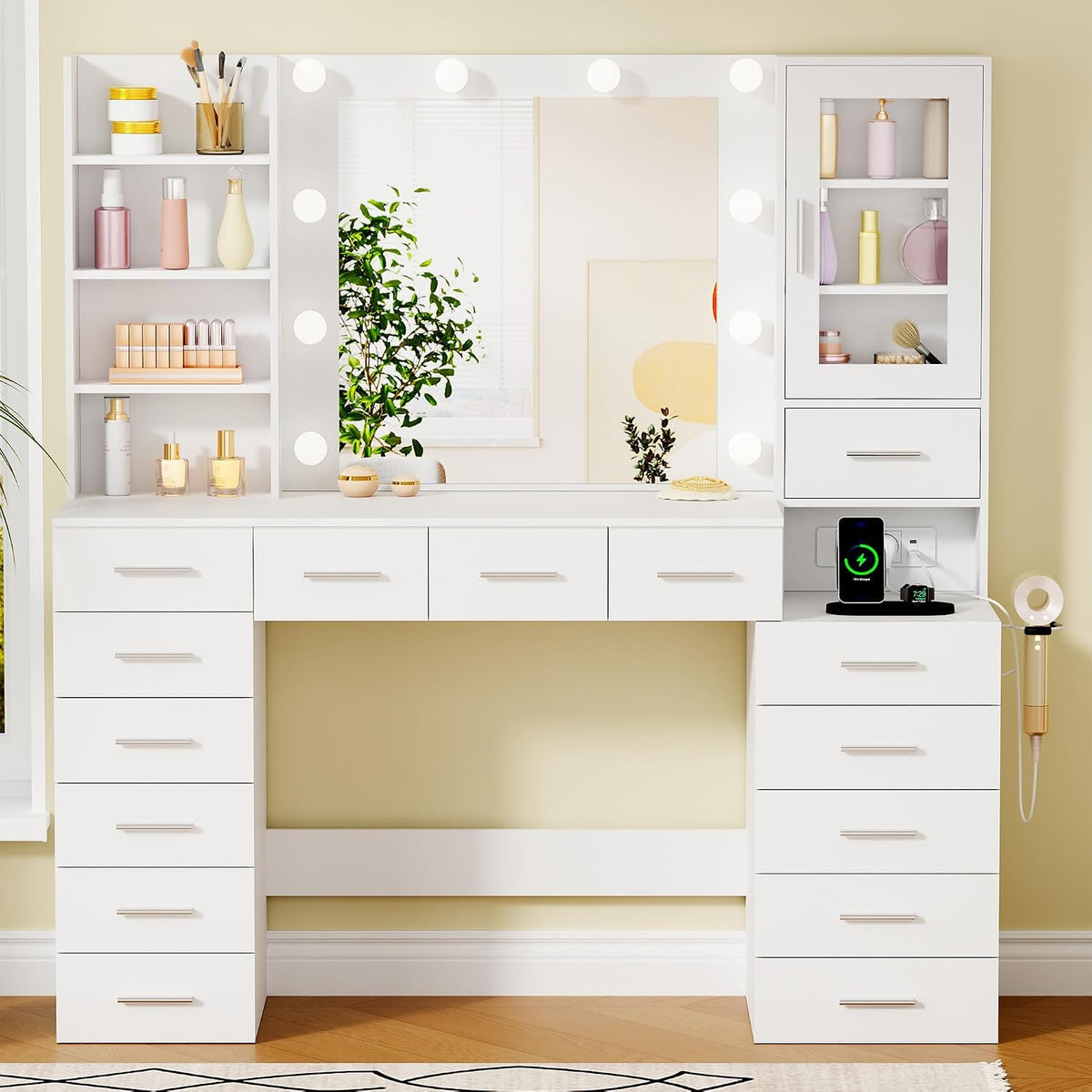 Specchio ANWBROAD, 135 × 40 × 140 cm, vetro, Bianco, regolabile, con illuminazione LED, con porta USB