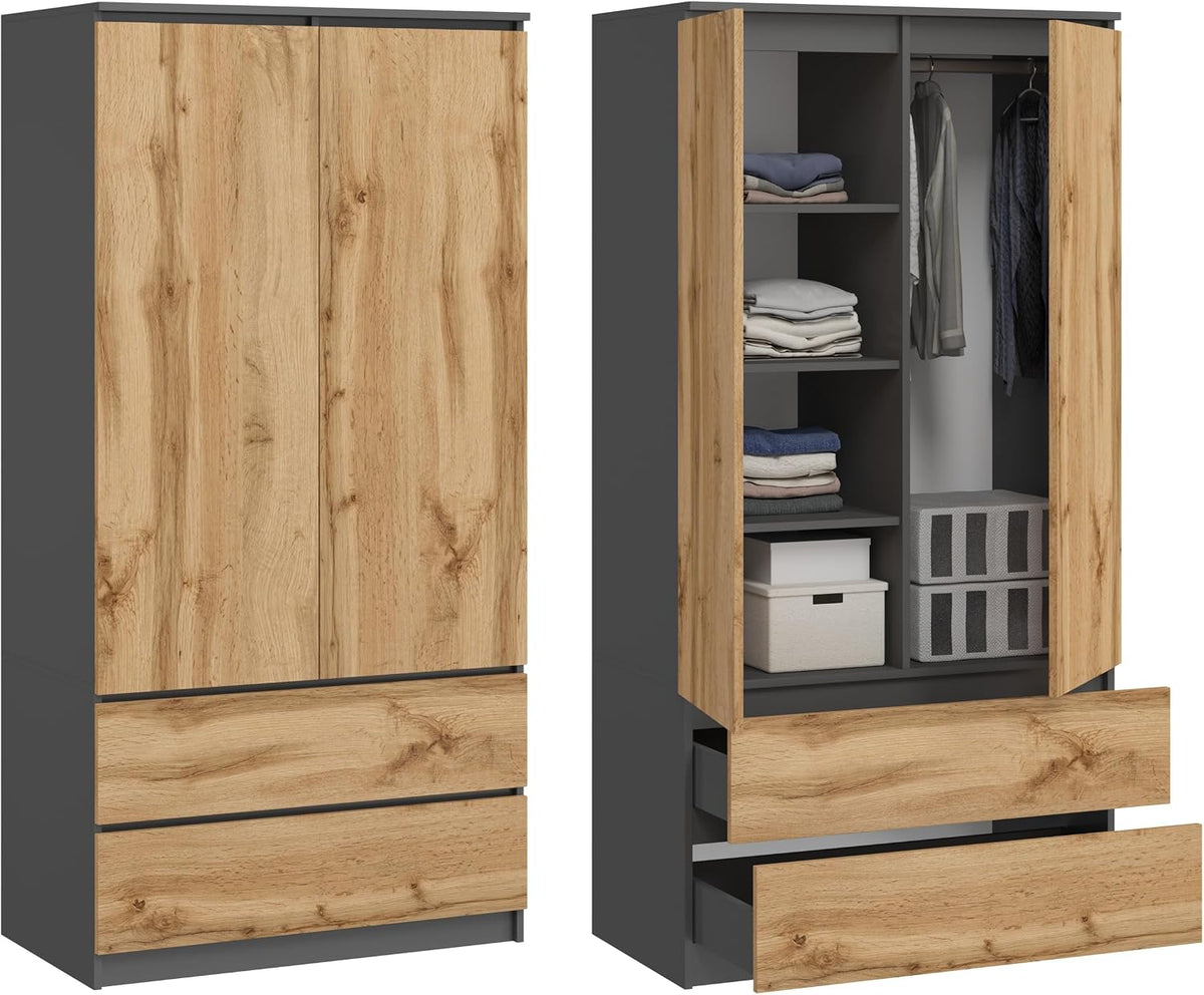 Armadio KUBUTKU, 2 ante, 2 cassetti, 4 ripiani, 180 × 90 × 50,5 cm, Rovere