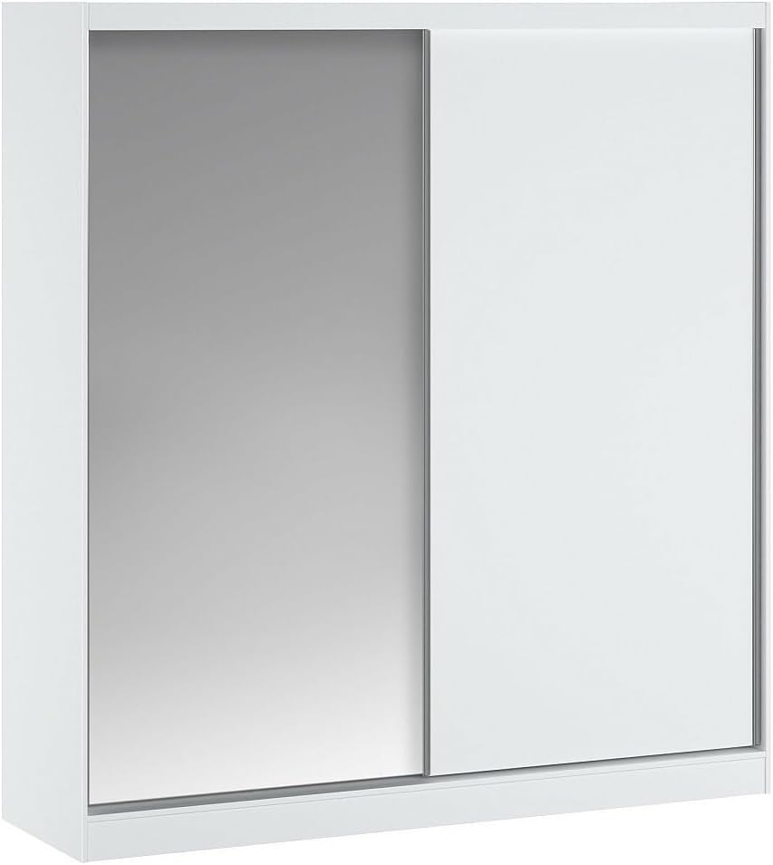Armadio Vente-unique OCHIRA, 2 cassetti, legno, Bianco, con ante scorrevoli, Con specchio, 200 cm