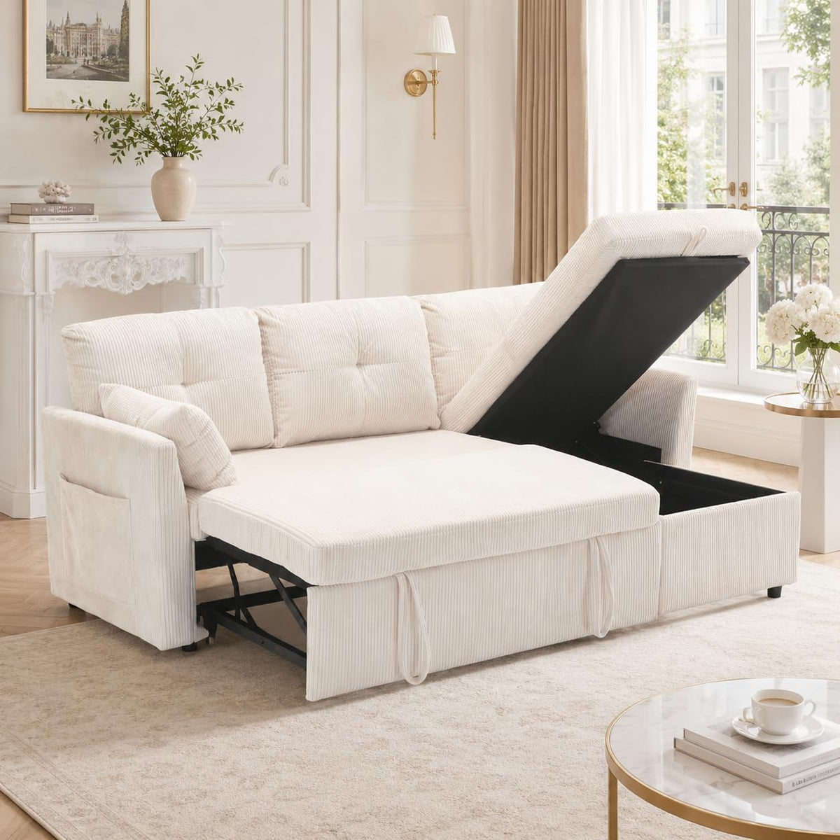 Divano letto Lubvtti, 3 posti, velluto, tessuto, Beige, trasformabile, con funzione letto, reclinabile, imbottito, per soggiorno