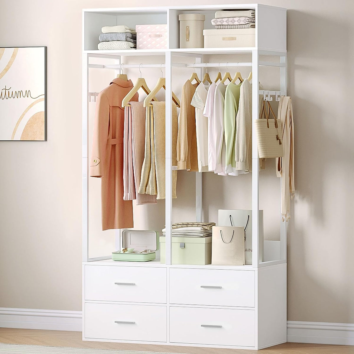 Armadio guardaroba Hzuaneri BW06603W, 4 cassetti, 43 × 100 × 185 cm, legno, metallo, Bianco, per camera da letto