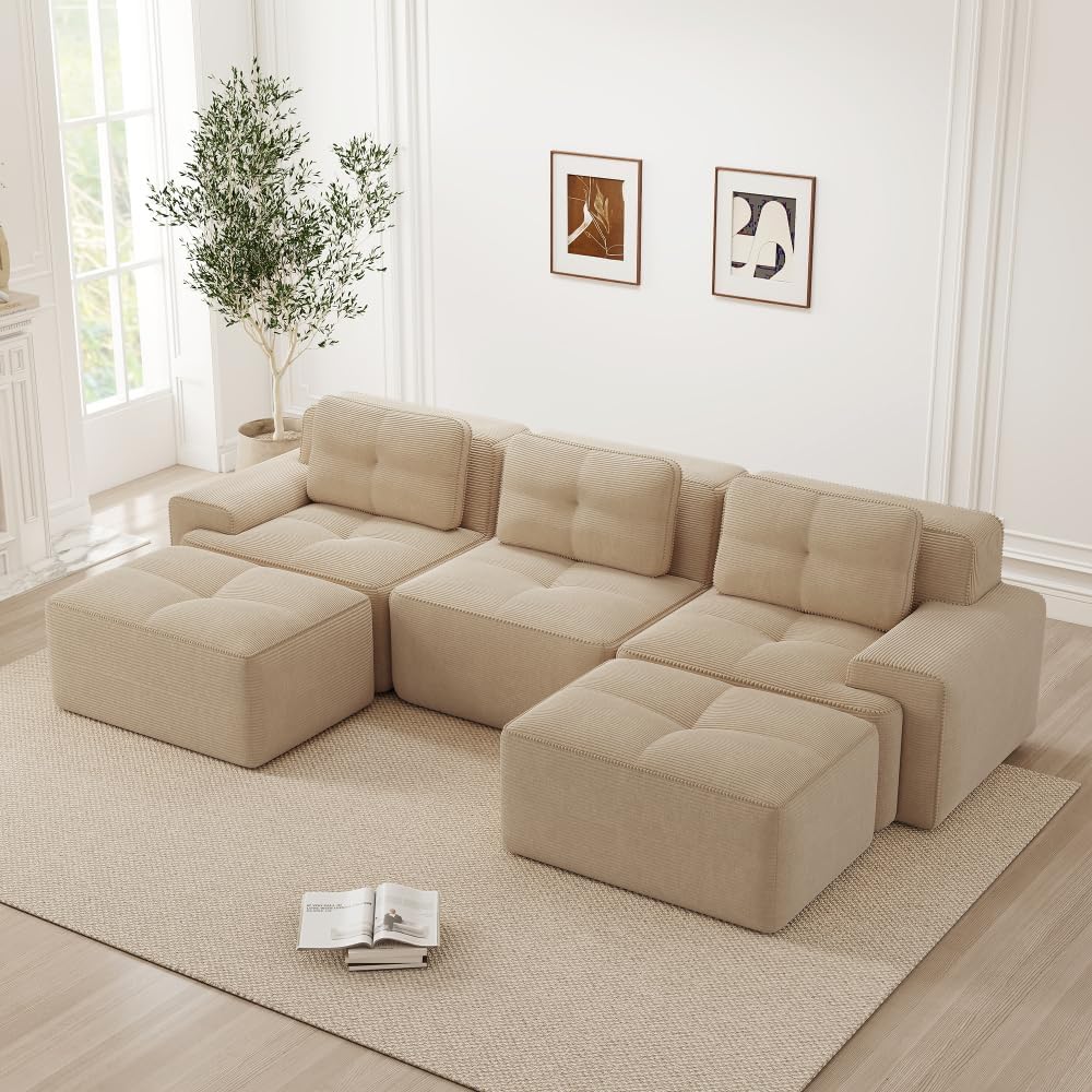 Divano angolare Cayipng 32D 74+, 3 posti, Beige, con poggiapiedi, con braccioli, per soggiorno