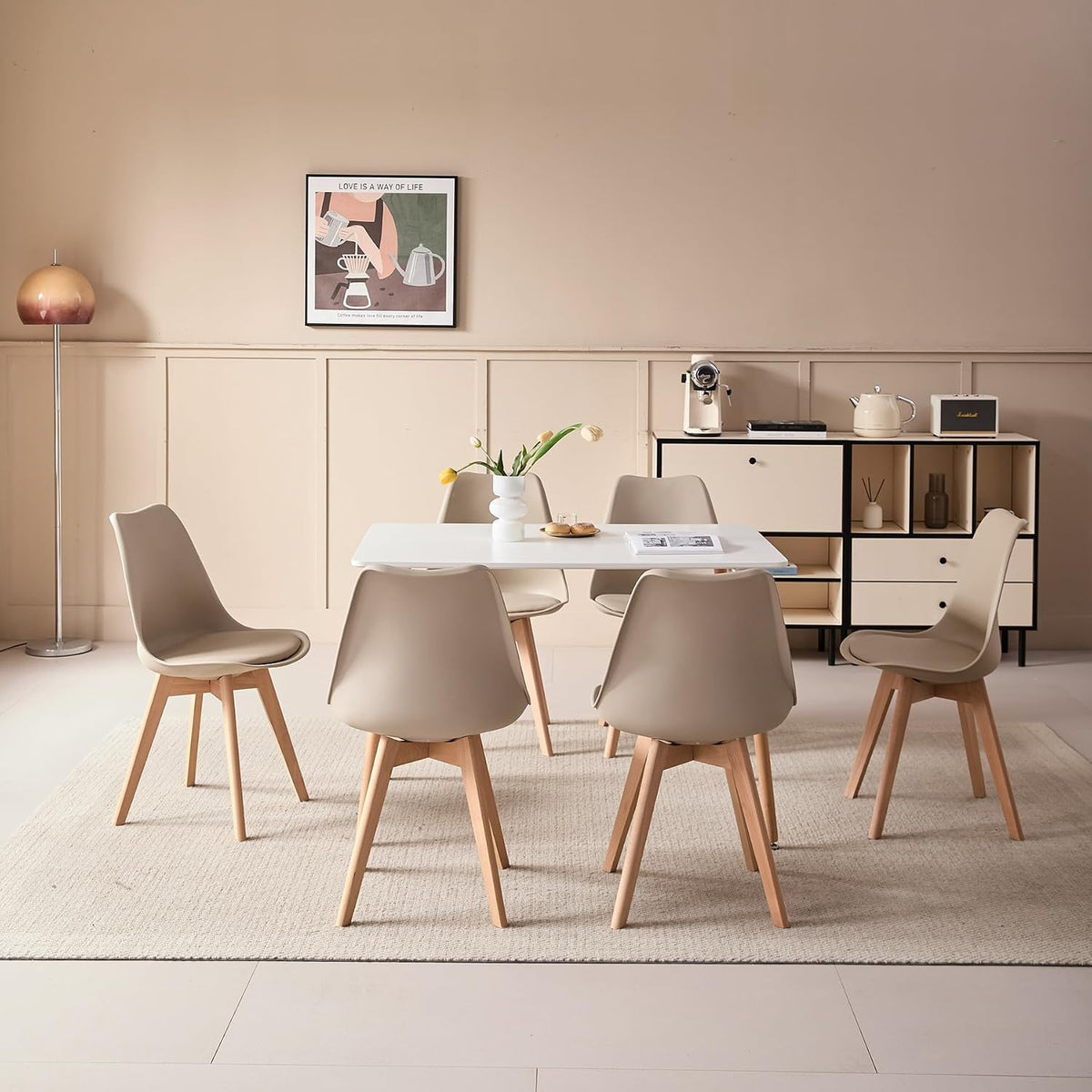 Tavolo da pranzo GrandCA HOME, 6 sedie, 110 × 70 × 74 cm, 42 × 41 × 83 cm, legno, polipropilene, Beige, per ufficio