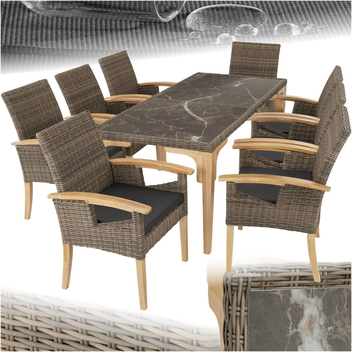 Set da pranzo da giardino tectake, 8 sedie, legno, rattan, Naturale, per giardino e terrazzo