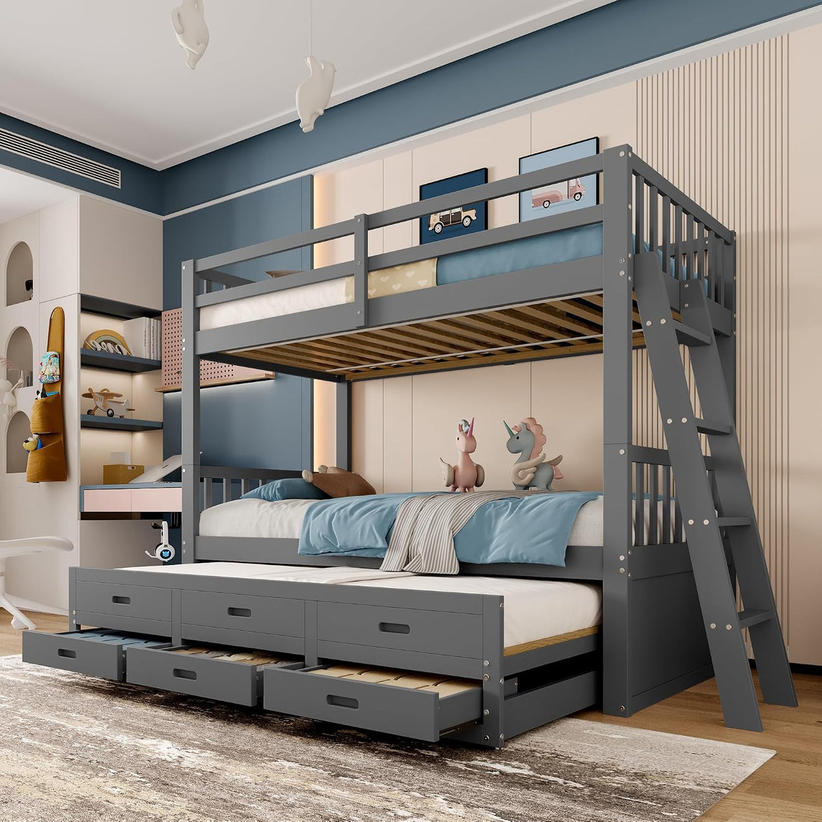 Letto a castello KUAKE, 3 cassetti, 90 × 200cm, 90 × 180cm, legno, Bianco, con rete a doghe, per camera da letto