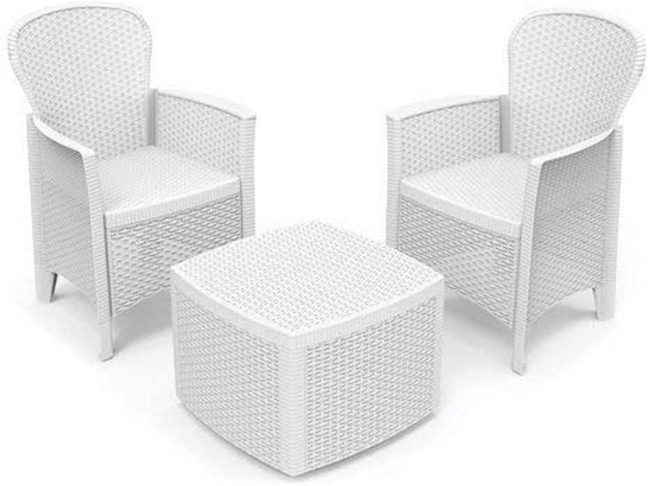 Set da pranzo da giardino Dmora, 2 poltrone, 60 × 58 × 89 cm, 53 × 53 × 40 cm, rattan, Bianco, con contenitore, per giardino e terrazzo