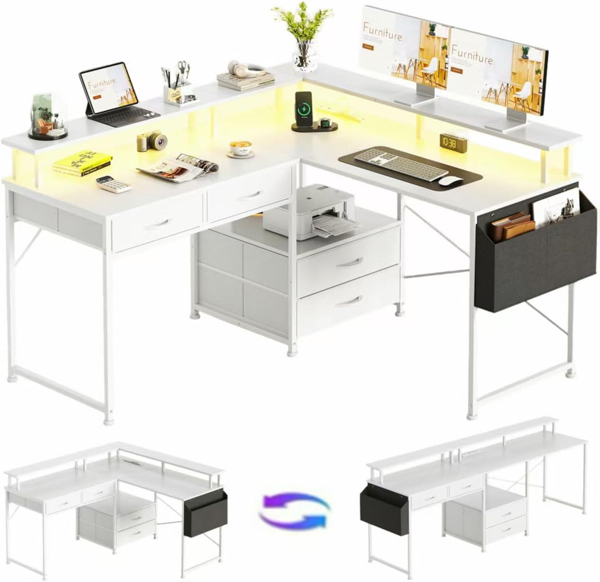 Scrivania Flrrtenv, 4 cassetti, 130 × 120 cm, acciaio, tessuto, con porta USB, per ufficio