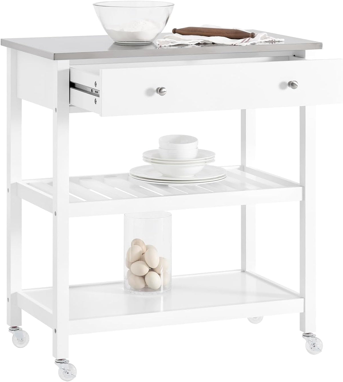 Carrello da cucina SoBuy FKW47-II-W II-W, 81 × 90 × 45cm, acciaio inox, Bianco, con ruote, per giardino e terrazzo