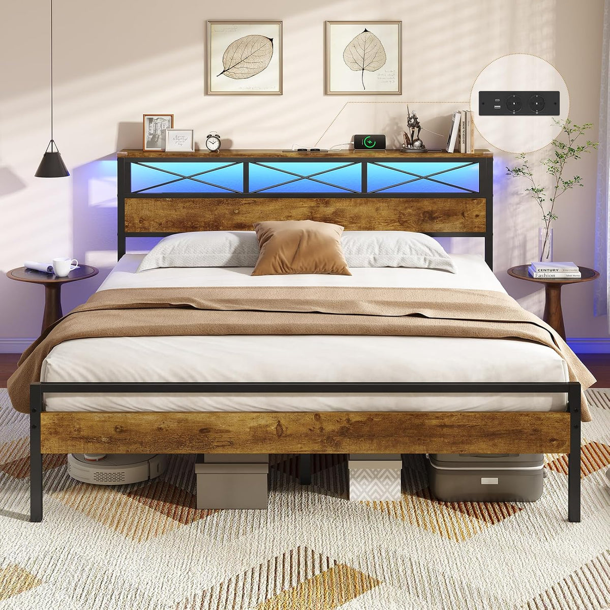 Struttura letto DICTAC, 160 × 200 cm, metallo, con rete a doghe, con illuminazione LED, con porta USB, per camera da letto