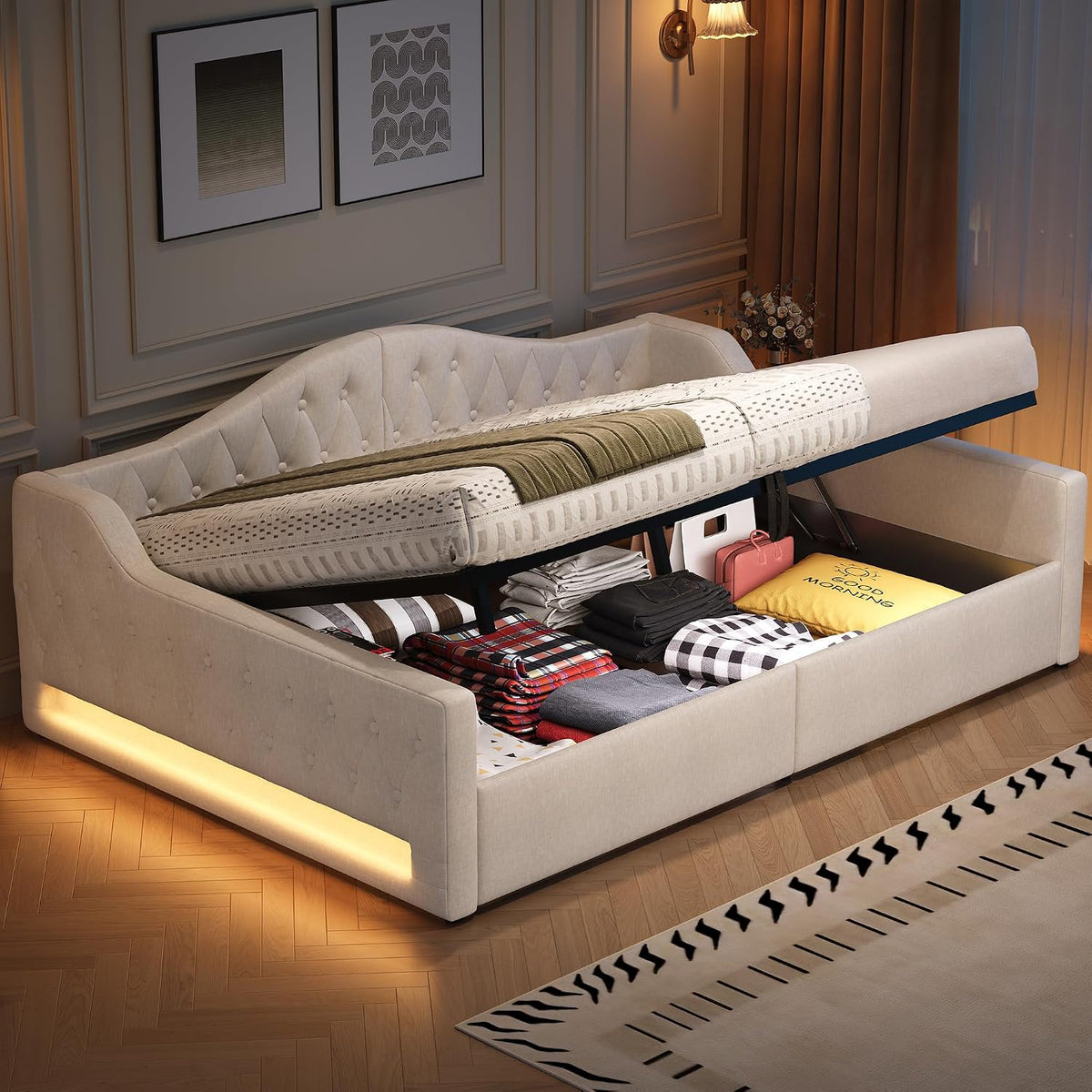 Divano letto Trdlpyn, matrimoniale, 140 × 200cm, MDF, lino, Beige, con funzione letto, con contenitore, regolabile, con rete a doghe, imbottito