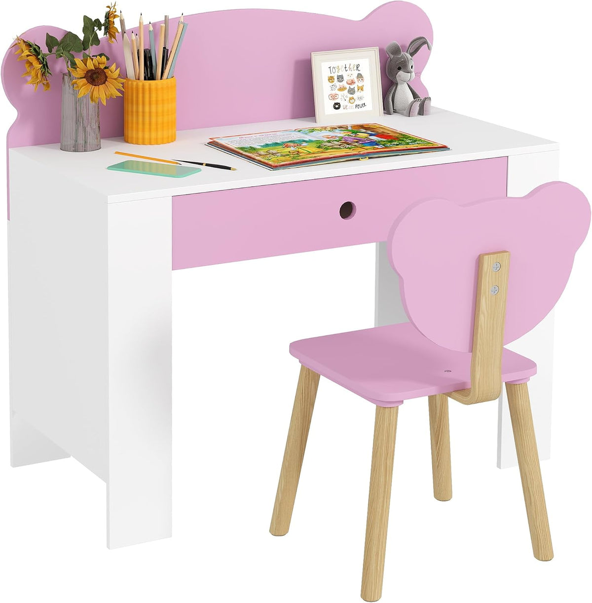 Set scrivania e sedia per bambini AIYAPLAY, con sedia, legno, Rosa, Età 3-8 Anni