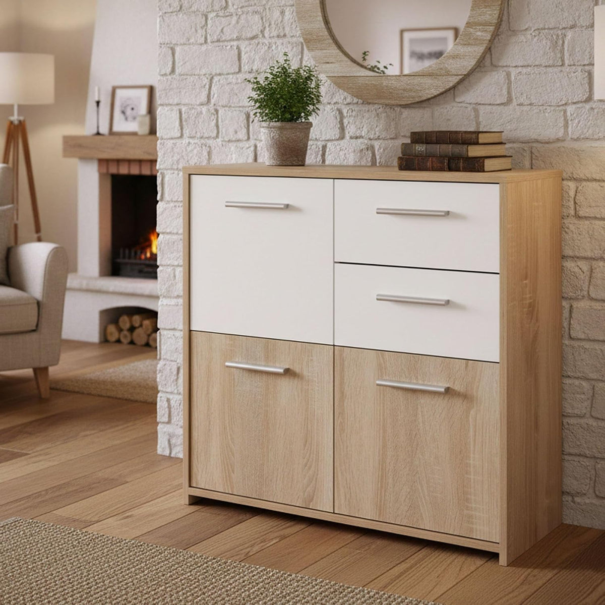 Credenza Dmora, 77 × 77 × 30 cm, legno, metallo, Bianco e rovere, per soggiorno