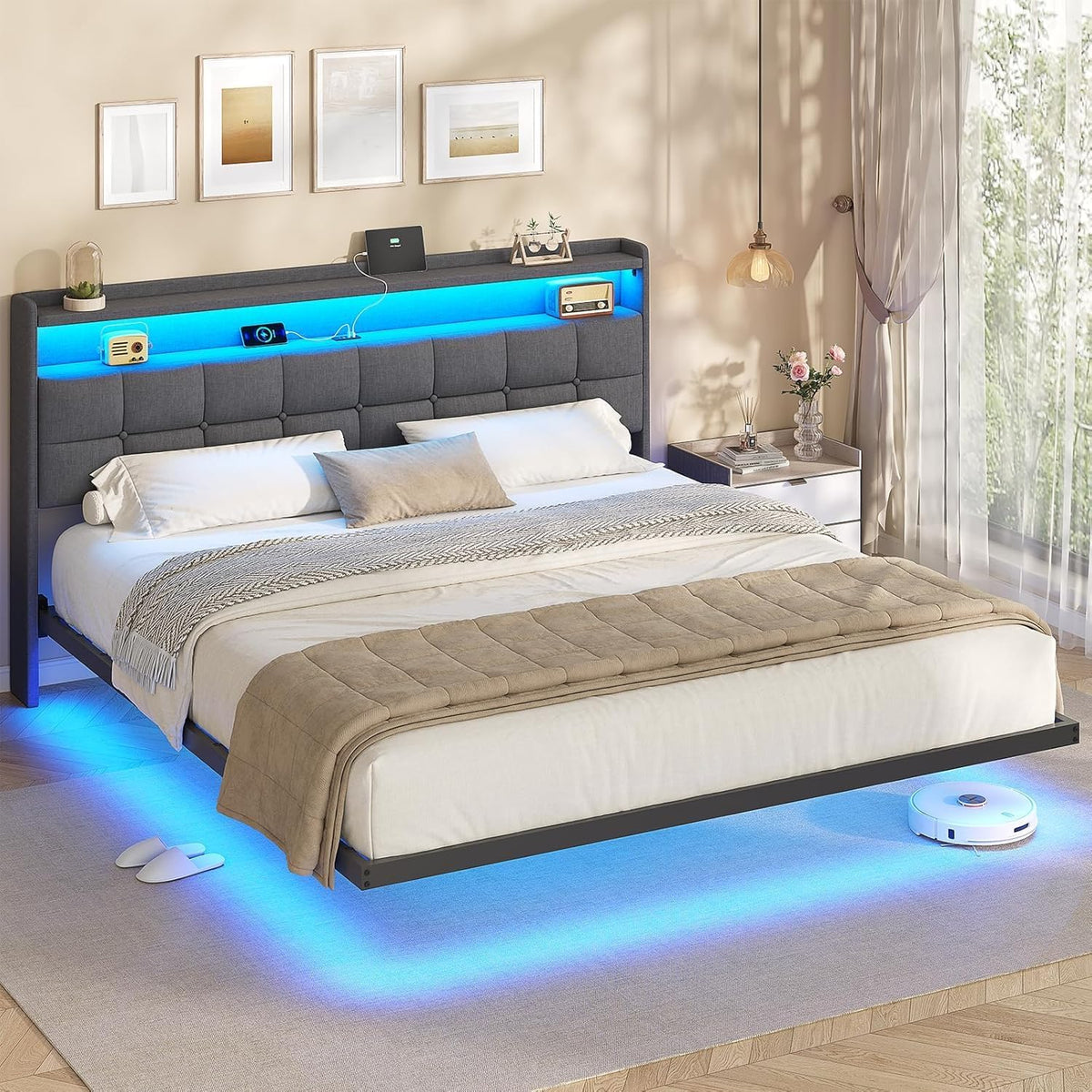 Letto AOGLLATI, matrimoniale, 180 × 200 cm, metallo, Grigio scuro, con contenitore, con illuminazione LED, con porta USB, imbottito