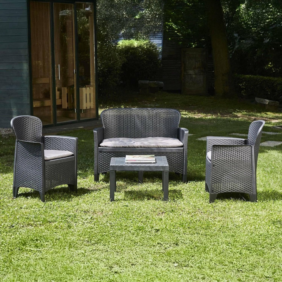 Set da pranzo da giardino Dmora, 2 poltrone, rattan, Antracite, idrorepellente, per giardino e terrazzo