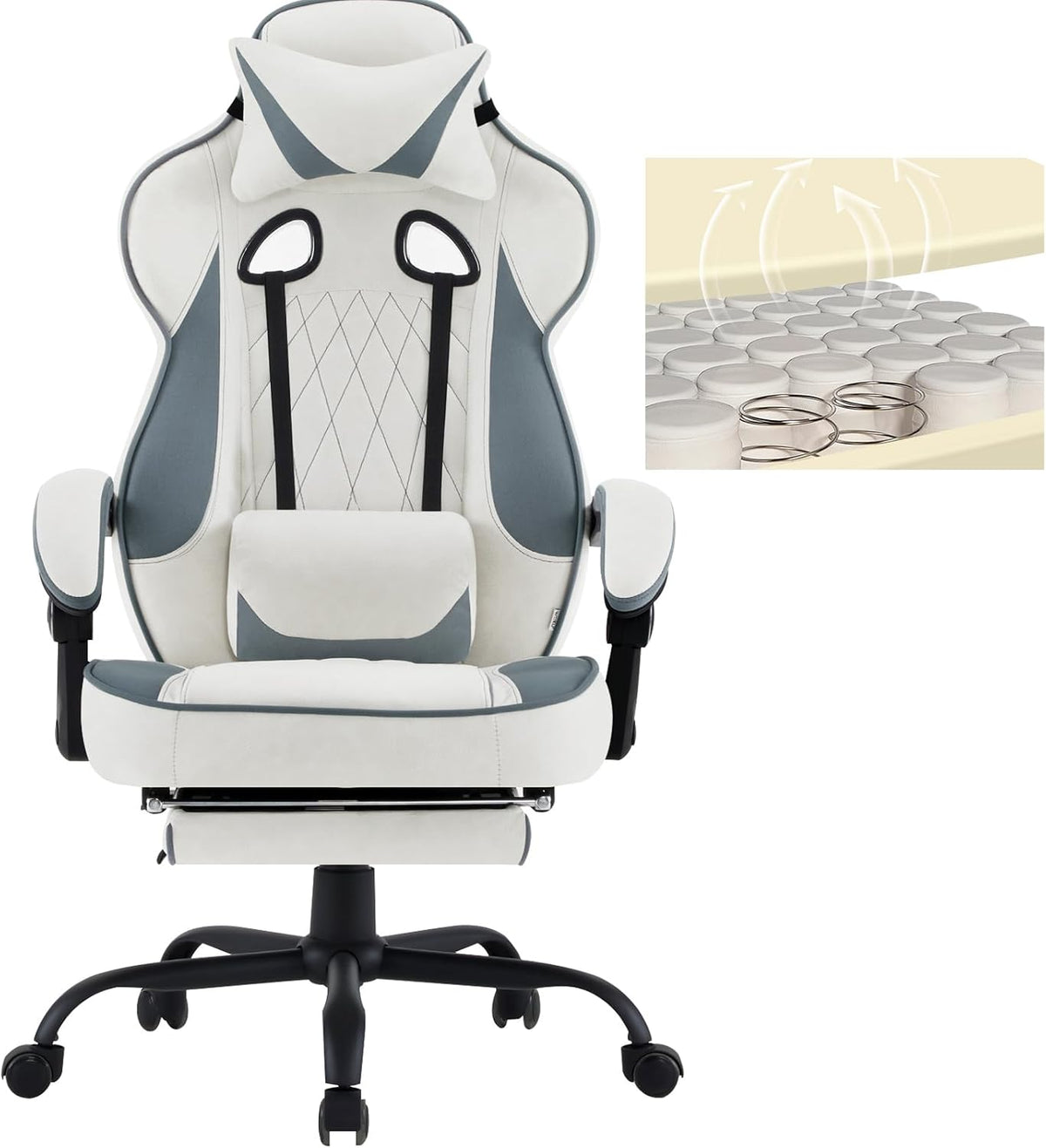 Sedia gaming WOLTU, 57 × 51,5 cm, metallo, tessuto, Bianco, reclinabile, regolabile, con ruote, con poggiapiedi, con braccioli, per ufficio