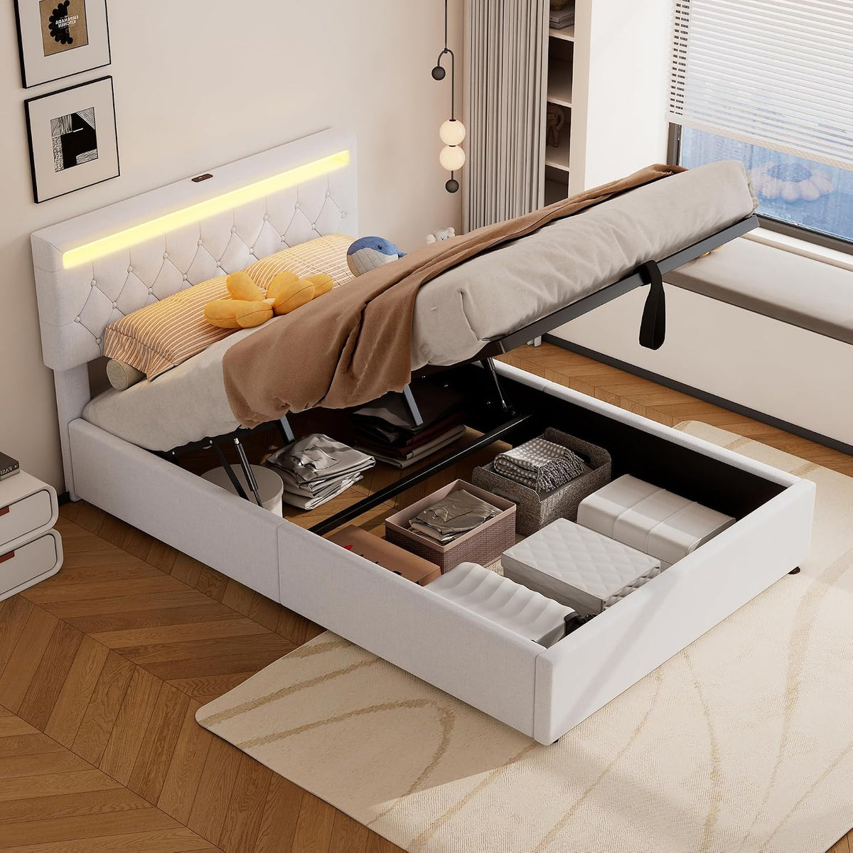 Letto contenitore KUAKE, matrimoniale, una piazza e mezza, 140 × 200 cm, MDF, lino, con contenitore, con porta USB, per camera da letto