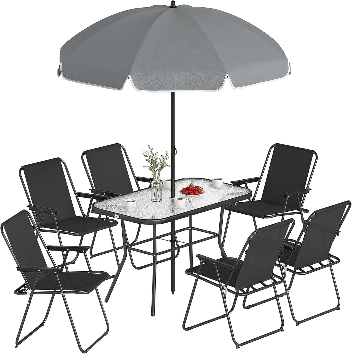 Set da pranzo da giardino Outsunny, 8 pezzi, acciaio, Nero, pieghevole, per giardino e terrazzo