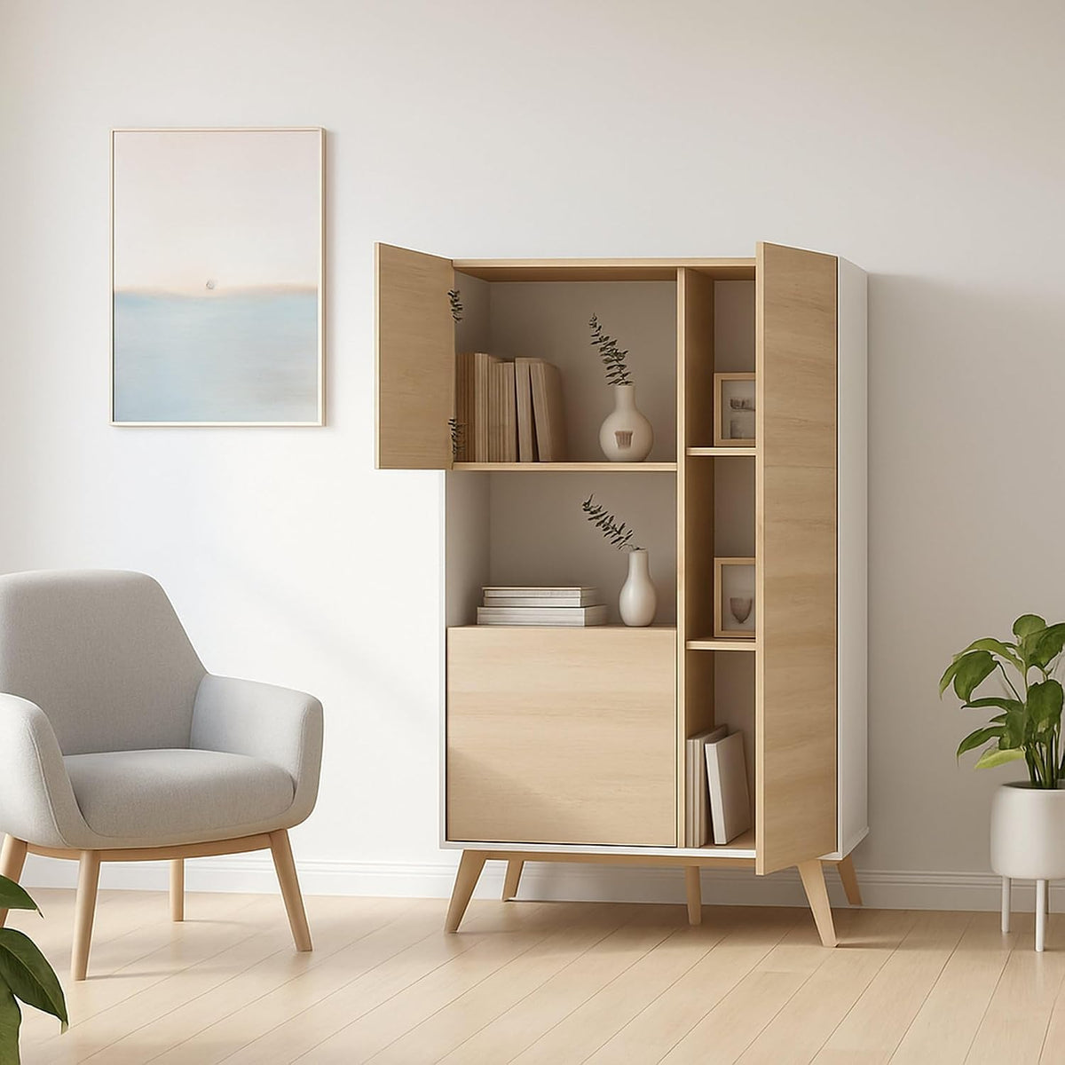 Credenza Dmora, 3 ante, Bianco e rovere, regolabile, per soggiorno e sala da pranzo