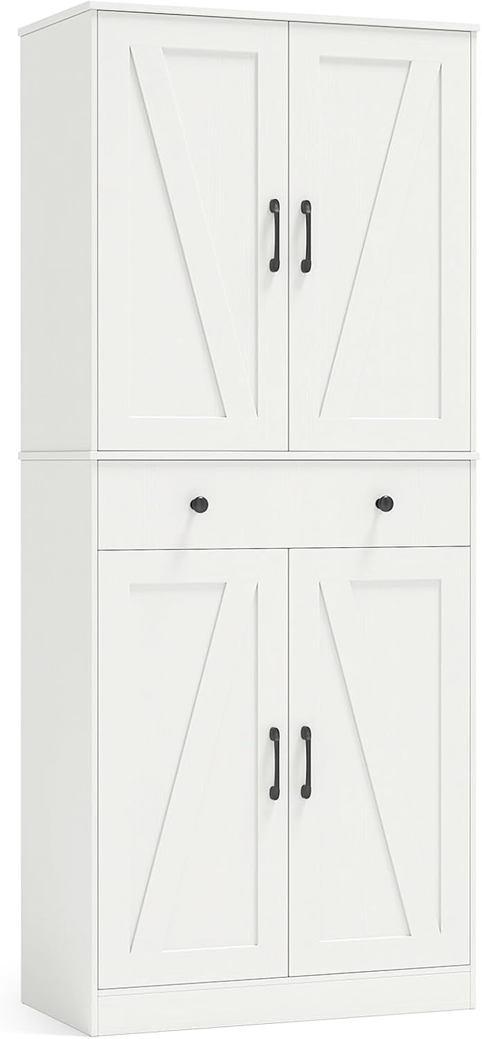 Credenza COSTWAY, 3 ripiani, 4 ante, 77 × 39 × 183 cm, legno, Bianco, regolabile, per soggiorno e sala da pranzo
