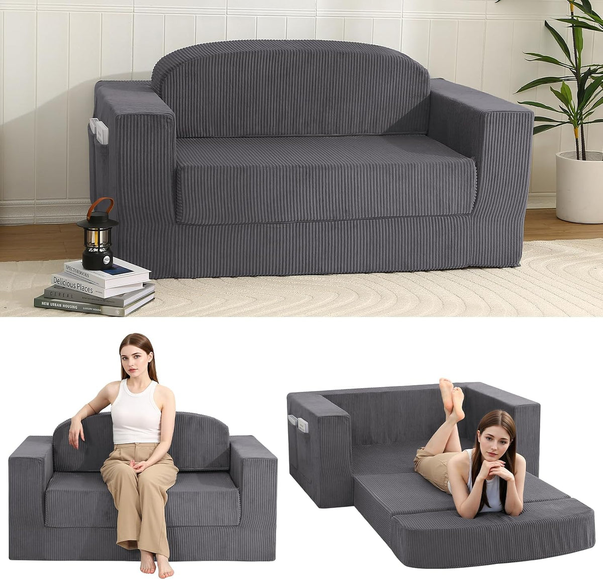 Divano letto MeMoreCool, 2 in 1, tessuto, Grigio scuro, trasformabile, con funzione letto, pieghevole, con braccioli, per soggiorno
