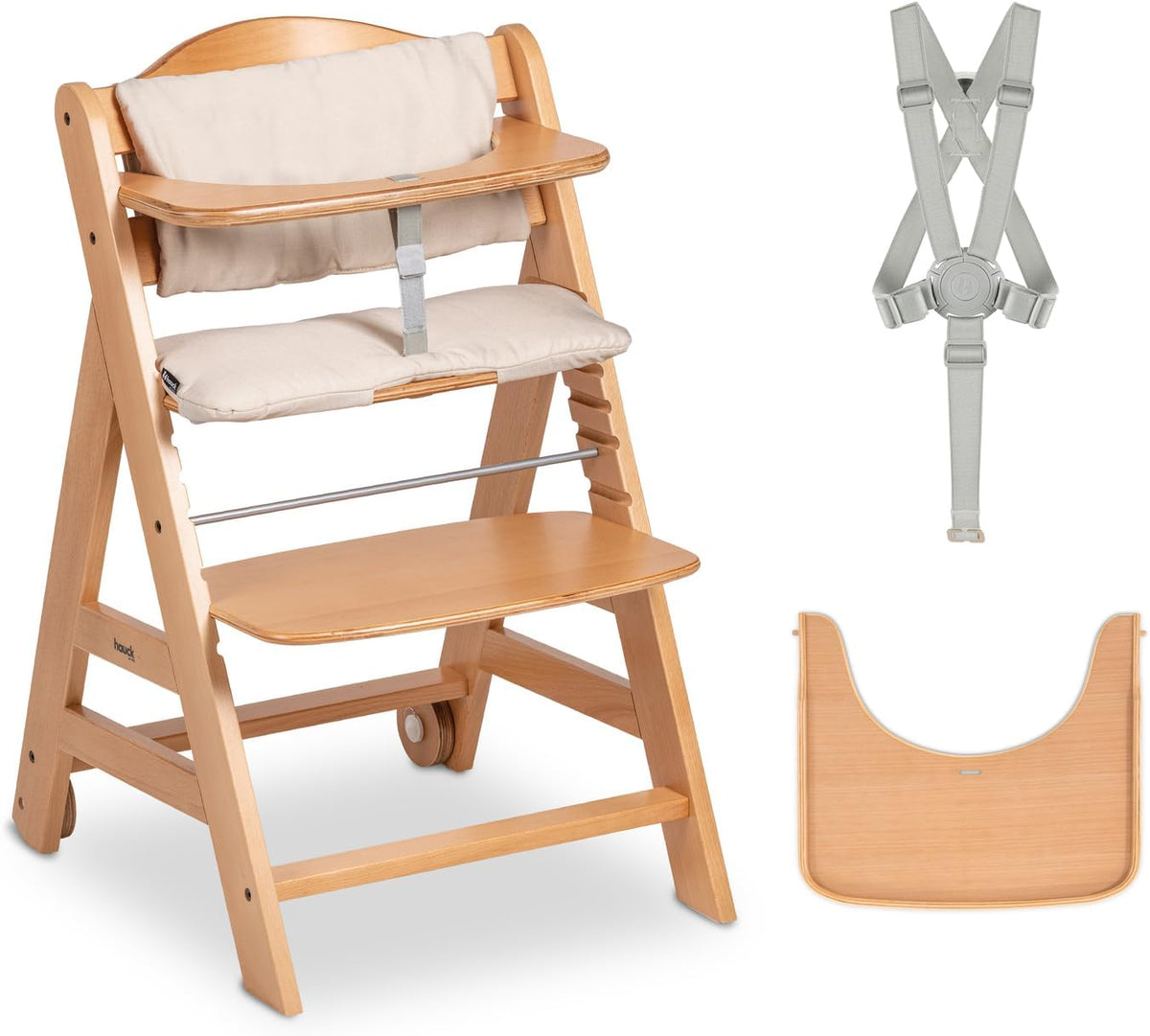 Seggiolone hauck, legno, con cuscino, regolabile, con ruote, con poggiapiedi