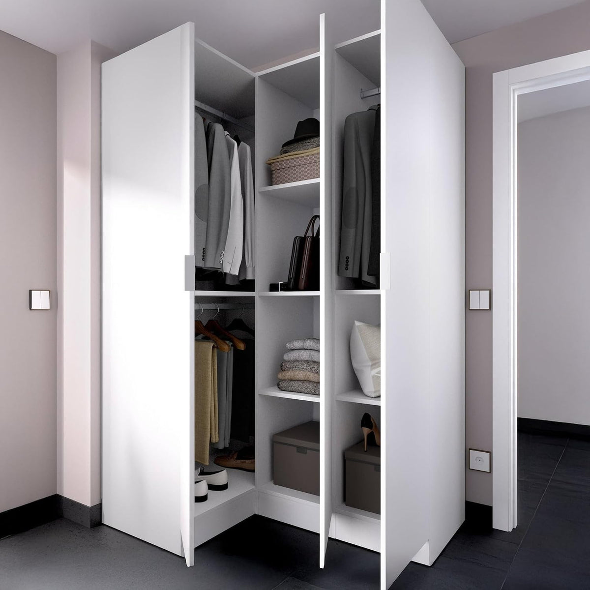 Armadio guardaroba Dmora, 3 ante, Bianco, regolabile, per camera da letto, 133x91h184 cm