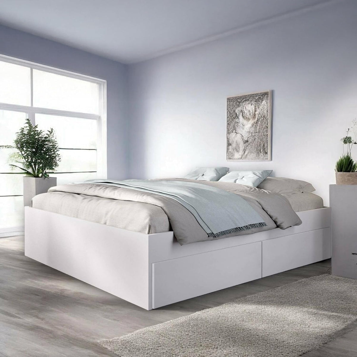 Letto Dmora, 140 × 190 cm, misura 149 × 195, Bianco, per camera da letto, 149x195 h39 cm