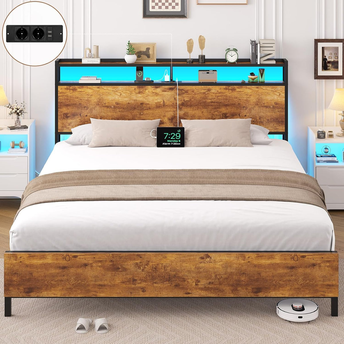 Struttura letto Brinlawb, 120 × 200 cm, metallo, Marrone, con contenitore, regolabile, con illuminazione LED, con porta USB, per camera da letto