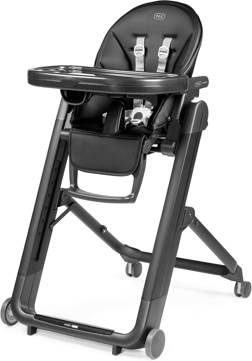 Seggiolone Peg Perego, similpelle, Nero, reclinabile, regolabile, pieghevole, con poggiapiedi, imbottito