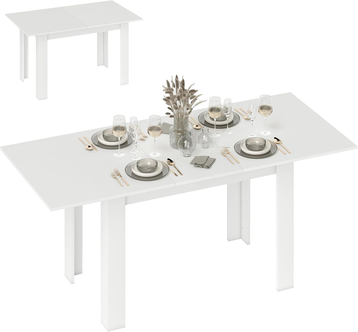 Tavolo da pranzo HOMCOM, MDF, acciaio, Bianco, trasformabile, allungabile, pieghevole, per sala da pranzo e cucina
