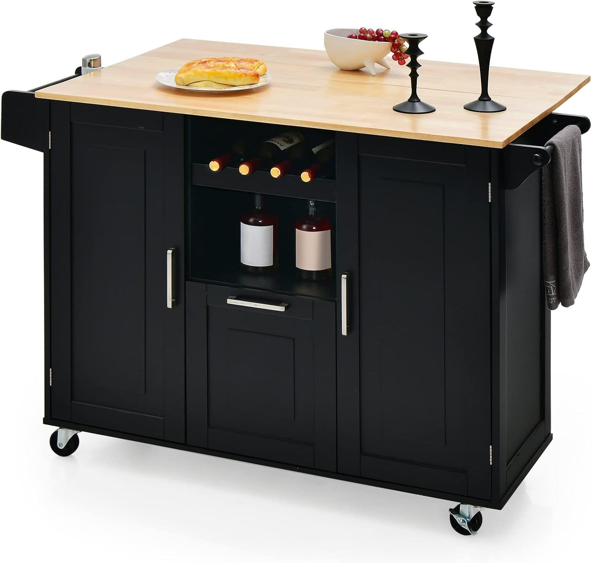 Carrello da cucina KOMFOTTEU, 130 × 45 × 90 cm, legno, Nero, pieghevole, per sala da pranzo e cucina