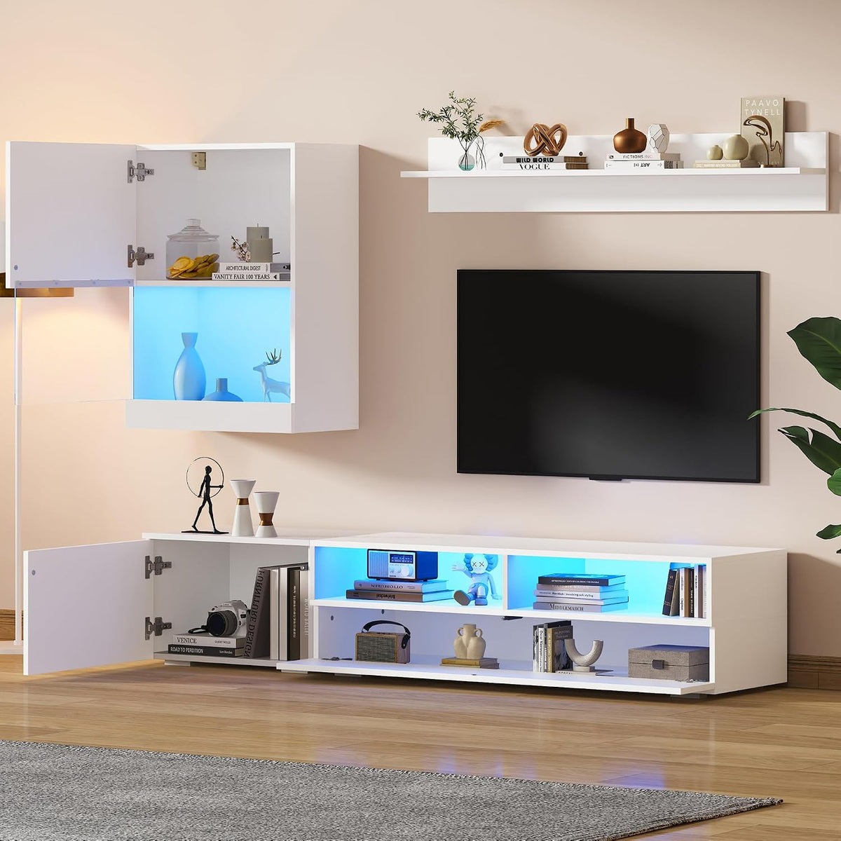 Parete attrezzata TV MURUL, 3 pezzi, 175 × 39 × 34 cm, Bianco, con vetrina e LED, per TV fino a 80 pollici