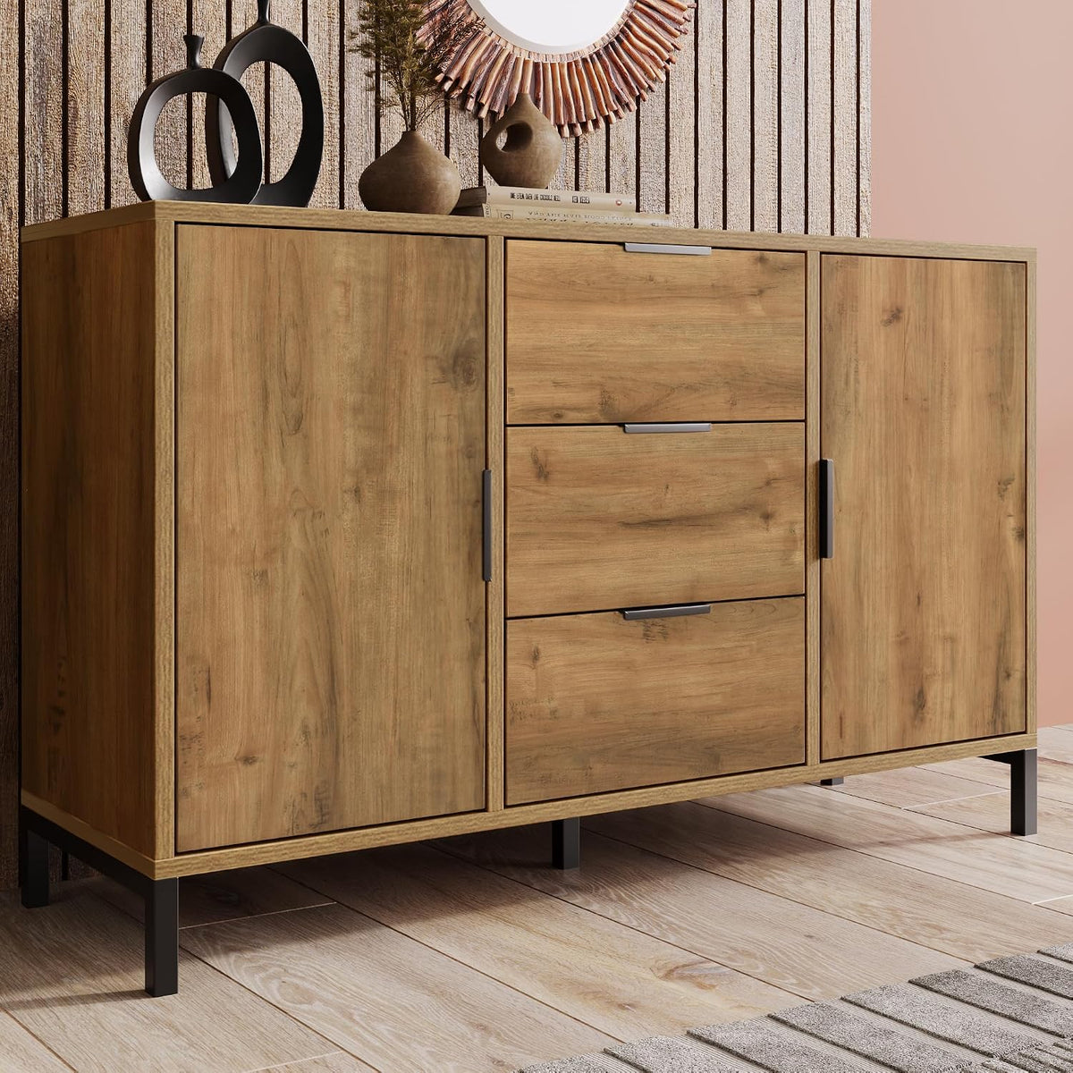 Credenza TOBIDOEN, 2 ante, 3 cassetti, 120 × 40 × 76 cm, legno, metallo, Rovere, regolabile, per soggiorno e camera da letto