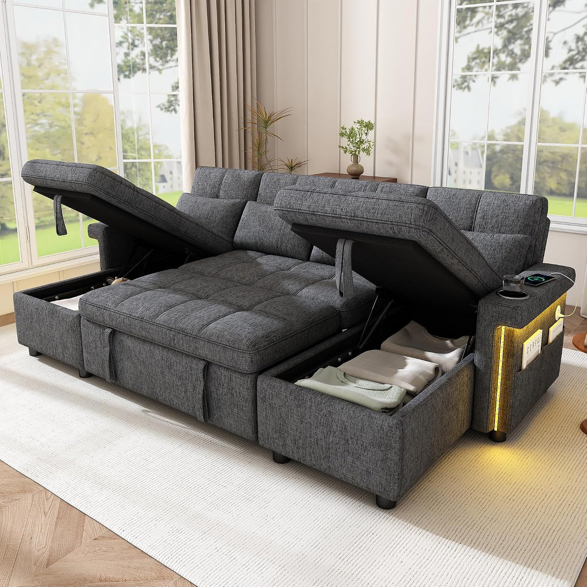 Divano letto Trdlpyn, 4 posti, 268,5 × 141,5 × 90 cm, ciniglia, Grigio, con funzione letto, regolabile, con braccioli, con illuminazione LED