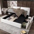 Letto contenitore Rtopsu, 3 cassetti, matrimoniale, 180 × 200 cm, legno, metallo, Bianco, regolabile, con rete a doghe, imbottito