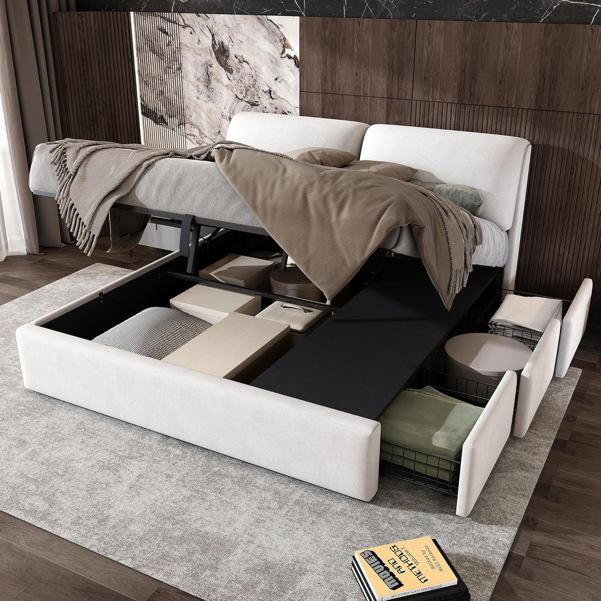 Letto contenitore Rtopsu, 3 cassetti, matrimoniale, 180 × 200 cm, legno, metallo, Bianco, regolabile, con rete a doghe, imbottito