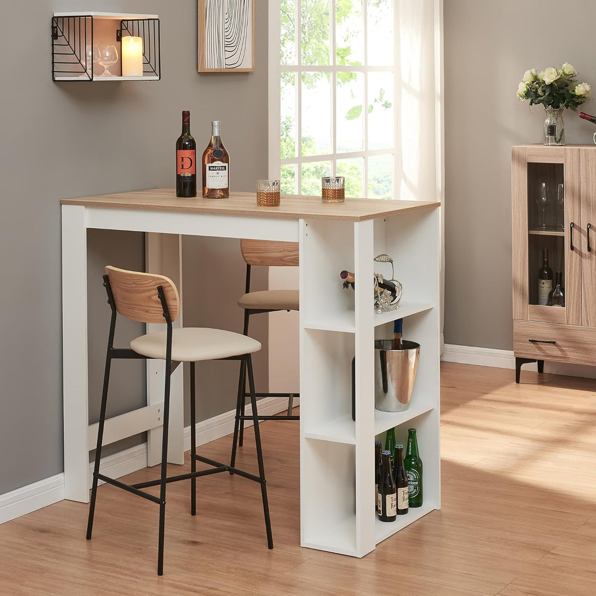 Tavolo da bar en.casa, 3 ripiani, 120 × 60 × 106 cm, Bianco e rovere, per sala da pranzo e cucina