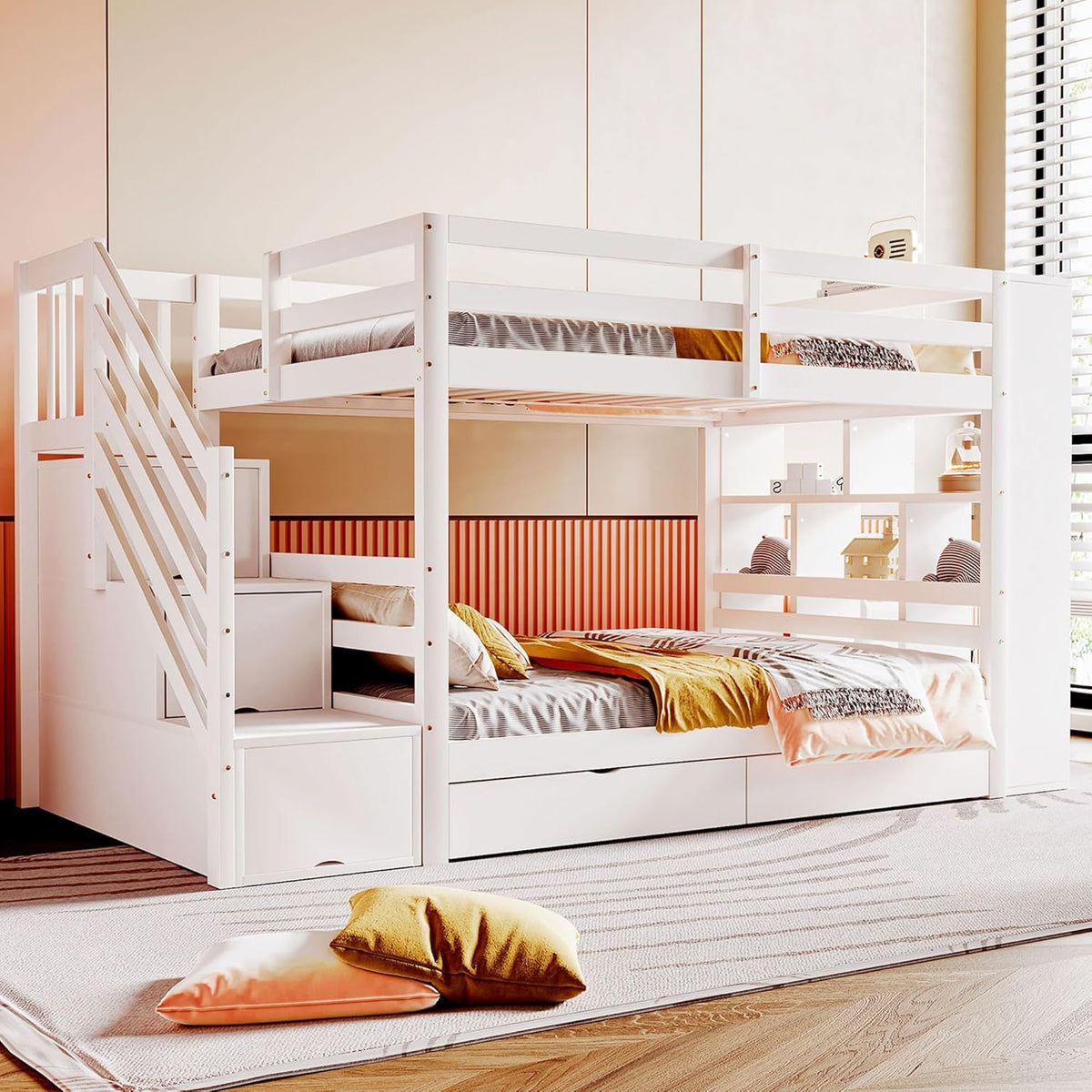 Letto a castello Moimhear, 90 × 200 cm, legno, MDF, Bianco, con rete a doghe, per camera da letto